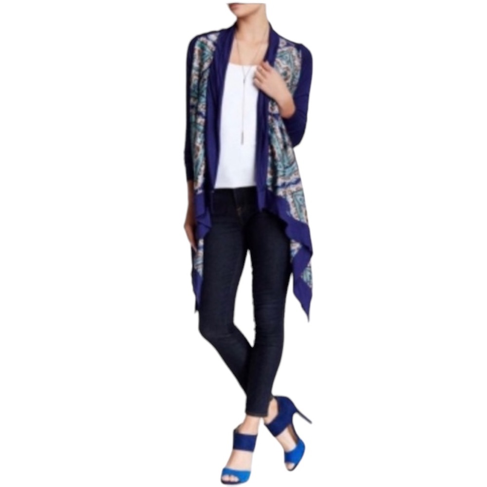 NWT Vertigo “Paisley in Royal” Satin Panel High Low Cardigan (A)